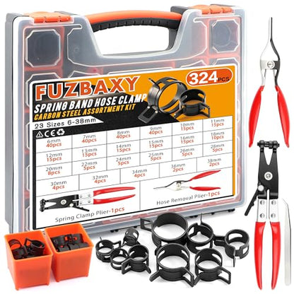 324Pcs Spring Hose Clamp Kit (6-38mm) with 2 Pliers for Fuel Lines - color: 324-piece