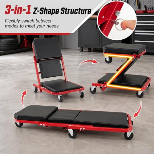 Goplus 36" 3-in-1 Folding Mechanic Creeper, Lay Down or Sit - color: Red+Black, size: 36"