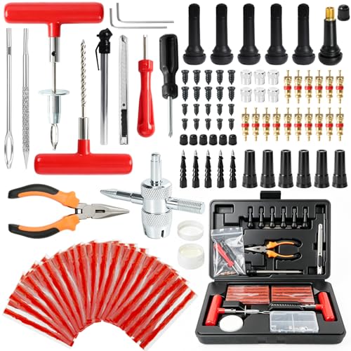 130 PCS Tire Repair Kit, Tubeless Tire Plug Kit with 50 Repair Strips, 25 Screw-in Plugs, 16 Valve Cores, 6 Valve Stems, Metal T-Handle Tools and Hard Case for Car SUV Motorcycle ATV - color: 130PCS Valve Service Kit