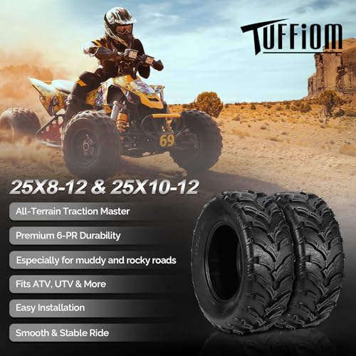 TUFFIOM Set of 4 ATV UTV All-terrain Tires 25x8-12 Front & 25x10-12 Rear, 6 PR, Tubeless - size: 25x8-12 & 25x10-12