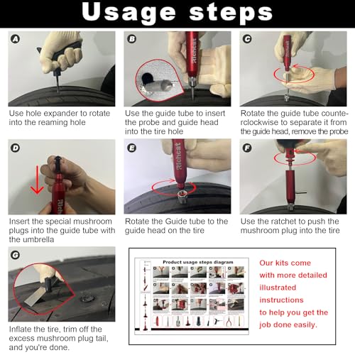 Richcat Tubeless Tire Puncture Repair Kit with Mushroom Plug, Repairs punctures and Flat Tires for Motorcycles, Cars, Trucks, ATVs and Tractors - size: 12pcs Mini Plug Kit