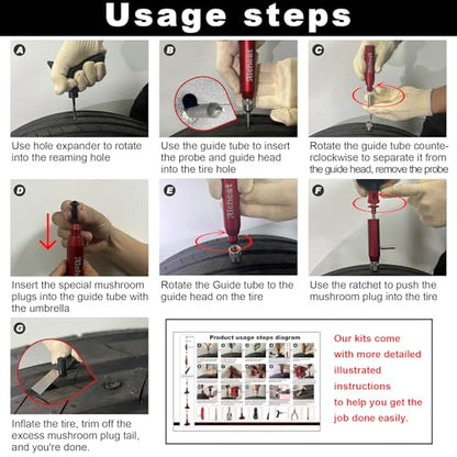 Richcat Tubeless Tire Puncture Repair Kit with Mushroom Plug, Repairs punctures and Flat Tires for Motorcycles, Cars, Trucks, ATVs and Tractors - size: 12pcs Mini Plug Kit