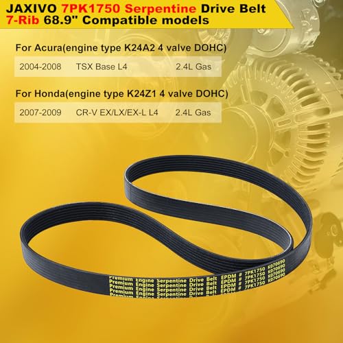 7PK1750 Serpentine Belt V-Ribbed Drive Belt Compatible with 2007-2009 Honda CR-V L4 2.4L,2004-2008 Acura TSX L4 2.4L-Gas Only 68.9 inch Length Replace K070690,117205X00A,1070690 - size: 7PK1750-1750mm