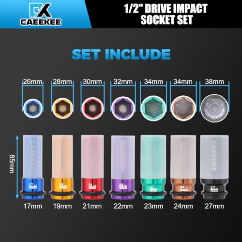 7PCS 1/2" Drive Deep Lug Nut Impact Socket Set, Non-Marring Thin Wall Wheel Protector Socket，CR-MO, 6 Point, Metric 17, 19, 21, 22, 23, 24, 27, Color Coded