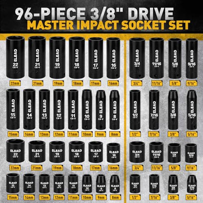 ELEAD 96-Piece 3/8" Drive Impact Socket Set, SAE(5/16 to 3/4-Inch) & Metric(8-22mm), Standard & Deep Sockets, Ratchet Handle, Bit Set, Universal Joint, Extension Bar, Adapters, Spark Plug Sockets - color: 96pcs 3/8'' Drive Impact Socket Set Black