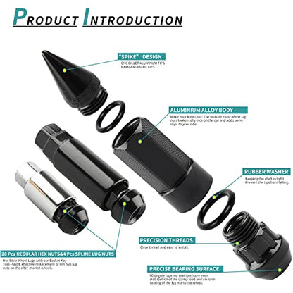 M14X1.5 Spikes Lug Nuts 24PCS - color: Black