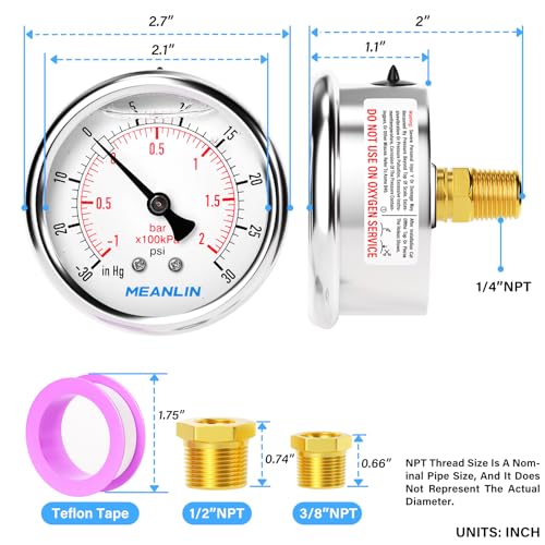 MEANLIN MEASURE -30inHG~30Psi Stainless Steel 1/4" NPT 2.5" FACE DIAL,Vacuum Pressure Gauge,Center Back Mount, with 1/2" NPT and 3/8" NPT Hex Bushing - size: -30inHG-30Psi