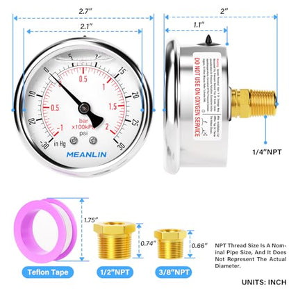 MEANLIN MEASURE -30inHG~30Psi Stainless Steel 1/4" NPT 2.5" FACE DIAL,Vacuum Pressure Gauge,Center Back Mount, with 1/2" NPT and 3/8" NPT Hex Bushing - size: -30inHG-30Psi
