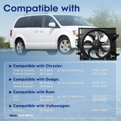 Engine Cooling Radiator Fan Assembly Fit for Dodge Grand Caravan 2008-2020, Chrysler Town & Country 2008-2016, Volkswagen Routan 2009-2014, Ram C/V 2012-2015, Reference Number 621028, 5058674AA - size: 621028, 5183347AA
