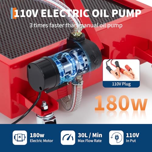 20 Gallon Low Profile Oil Drain Pan with 110V Electric Pump, Large Capacity Rolling Oil Change Tank, 8.2ft Discharge Hose & Folding Handle for Trucks, Buses, RVs and Cars - color: Red, size: 20 Gallon with 110V Electric Pump & Gloves