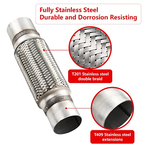 Exhaust Flex Pipe, 2.5''x 8''Stainless Steel Heavy Duty Exhaust Flex Pipe, Double Braid Exhaust Flex Tube, Overall Length 12'' - size: 2.5''x8''x12'', style: 1 PC