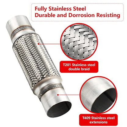 Exhaust Flex Pipe, 2.5''x 8''Stainless Steel Heavy Duty Exhaust Flex Pipe, Double Braid Exhaust Flex Tube, Overall Length 12'' - size: 2.5''x8''x12'', style: 1 PC