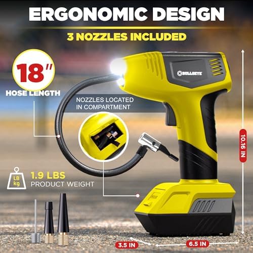 Bullseye Pro Tire Inflator Portable Air Compressor, Car Tire Inflator Portable, Portable Air Pump for Car Tires - 150PSI, 12V DC 1500 mAhs with Tire Pressure Gauge, Rechargeable As Seen On TV(Yellow) - color: Yellow
