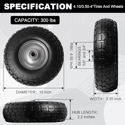 Storystore 2-Pack 4.10/3.50-4 Tire and Wheel - 10 Inch Solid Rubber Tire Wheels with 5/8" Bearings, 2.2" Offset Hub for Hand Truck, Trolley Dolly, Garden Cart and Wheelbarrow - size: 10Inch / 2Pack / Silver