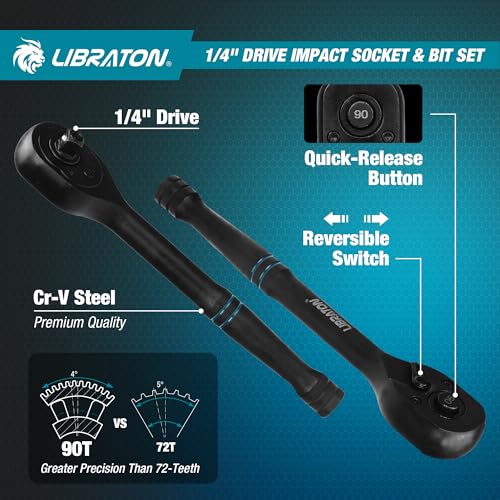 LIBRATON 71PCS 1/4 Impact Socket Set, SAE &Metric, Complete Socket &Bit Set - size: 1/4"