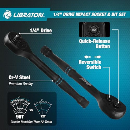 LIBRATON 71PCS 1/4 Impact Socket Set, SAE &Metric, Complete Socket &Bit Set - size: 1/4"