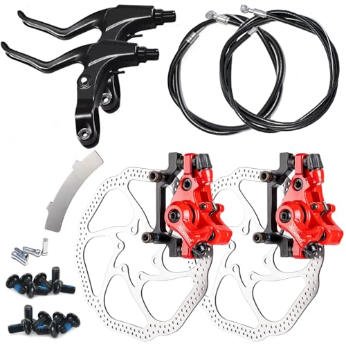 Complete Bike Front & Rear Disc Brake Kit - Calipers, 2x 160mm Stainless Steel Rotors, Cable, Brake Levers & Fixing Screws (Suit-Red) - color: Suit-Red