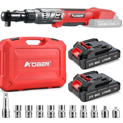 AOBEN 21V 1/2" Cordless Ratchet Wrench Kit-74 Ft-lbs Brushless Electric Power Ratchet with Variable Speed, 2X2000mAh Lithium-Ion Battery, Charger, 8 Sockets, 1/4" & 3/8" Adaptors, 3" Extension Bar - color: Fire Red