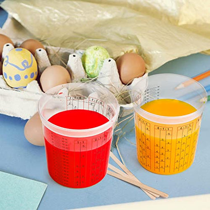 Yesland 12 Pack Paint Mix Cups with Lids and 50 Sticks - 64 Oz Graduated Paint Mixing Cups Plastic Epoxy Measuring Cups with Calibrated Mixing Ratios on Side of Cup for Activators, Thinner, Resin