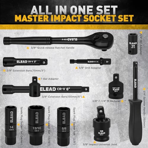 ELEAD 96-Piece 3/8" Drive Impact Socket Set, SAE(5/16 to 3/4-Inch) & Metric(8-22mm), Standard & Deep Sockets, Ratchet Handle, Bit Set, Universal Joint, Extension Bar, Adapters, Spark Plug Sockets - color: 96pcs 3/8'' Drive Impact Socket Set Black