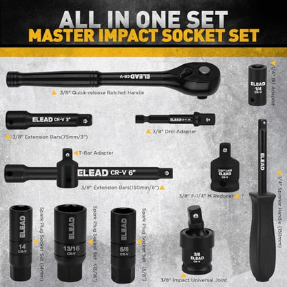 ELEAD 96-Piece 3/8" Drive Impact Socket Set, SAE(5/16 to 3/4-Inch) & Metric(8-22mm), Standard & Deep Sockets, Ratchet Handle, Bit Set, Universal Joint, Extension Bar, Adapters, Spark Plug Sockets - color: 96pcs 3/8'' Drive Impact Socket Set Black