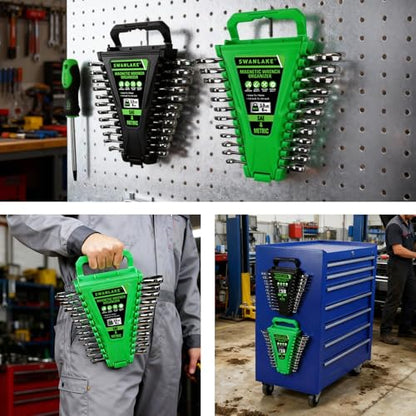 2-Piece Magnetic Wrench Organizer, Metric & SAE Portable Plastic Wrench Holder, 24-Slot Total, Foldable Carrying Handle for Wall-Mounted, Easy-Open Lock Cover, Wrenches Storage Rack Tool for Tool Box - style: 2PCS Green&Black
