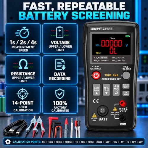 ZOYI ZT-XR1 2-in-1 Digital Multimeter & Battery Internal Resistance Tester, 25000 Counts Auto-Range True RMS, 0 to ±100V 4-Wire Kelvin Sensing for Automotive&Battery Test, Electronic Equipment Repair