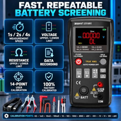 ZOYI ZT-XR1 2-in-1 Digital Multimeter & Battery Internal Resistance Tester, 25000 Counts Auto-Range True RMS, 0 to ±100V 4-Wire Kelvin Sensing for Automotive&Battery Test, Electronic Equipment Repair