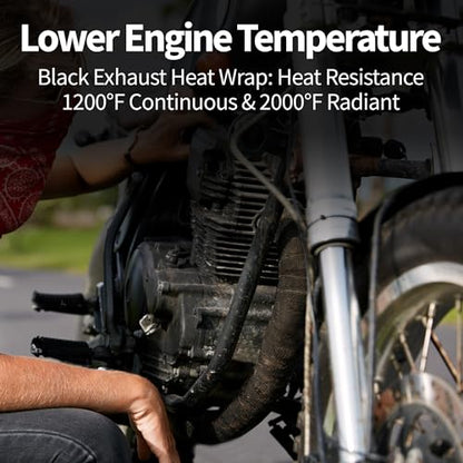 Exhaust Heat Wrap Roll for Motorcycle, 2 Inch x 50 Ft, Black Fiberglass Heat Shield Tape with Stainless Ties