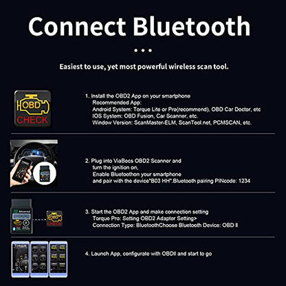 OBD2 Bluetooth Wireless Diagnostic Code Reader OBD II Scan Tool Reset & Clear Check Car Engine Light,Bluetooth Scanner Read, Compatible with iOS& Android & Windows - color: black A