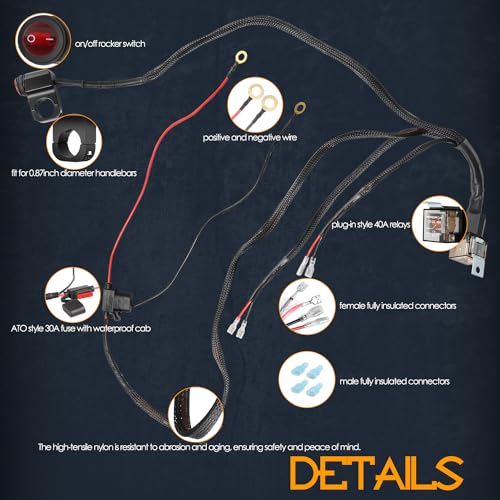 Wiring Harness 2 Lead, Nirider Motorcycle Handlebar Switch 12V 40A Relay Fuse Nylon Wiring Harness Kit for LED Light Bars Fog Lights Driving Lights LED Pods for Motorcycle ATV Dirt Bike Snowmobile