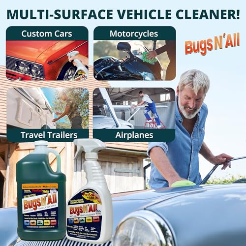 Bugs N’ All Multipurpose Car Cleaner & Degreaser - Bug & Tar Remover Concentrate 1 Gallon - Exterior Cleaner Safe for Car Paint, Metal, Chrome, Aluminum, Windows & Mirrors - w/Free 32 oz Spray Bottle - style: Multi-Surface Car Cleaner 1 gal
