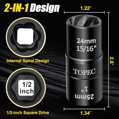 Topec 24mm x 25mm Flip Lug Nut Extractor, 1/2" Drive Lug Nut Removal Tool, 2-IN-1 Wheel Lock Remover Socket - size: 24 x 25mm