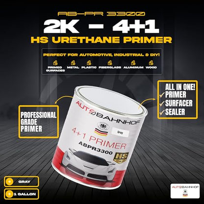 AB-PR 3300 4:1 Automotive Urethane Primer Gray & AB-PR 3400 Fast Hardener Kit – High Build Sandable Auto Paint – 1 Gallon Primer + 1 Quart Hardener - color: Urethane Primer Gray & Fast Hardener (Kit)