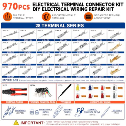 988Pcs Automotive Electrical Connectors Kit, 28 Types Electrical Terminal Pins Kit with Crimp Tool, Relay Fuse Remover & Car Disassembly Tool, Male/Female Wire Terminals for Professional Auto Repair