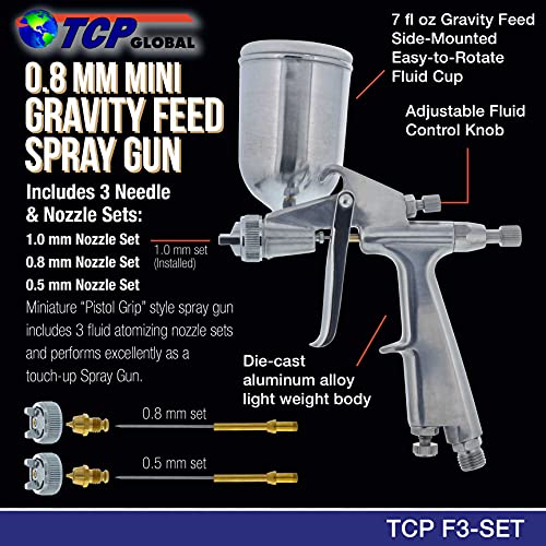 TCP Global Mini Gravity Feed Spray Gun with .8mm, .5mm & 1.0mm Needle