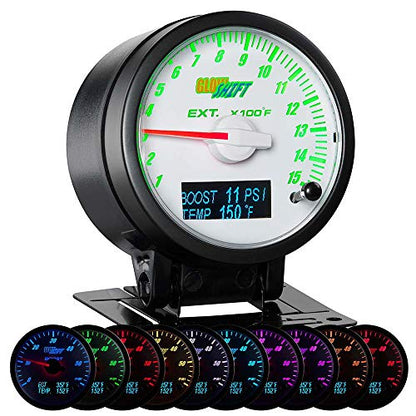 GlowShift 3in1 White 1500F Pyrometer EGT w/Digital Boost & Temp Gauge Kit