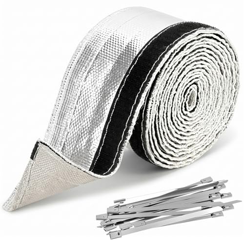 QWORK 1/2" ID x 10FT Heat Shield Aluminized Sleeving – Hook and Loop Heat Shield Sleeve for Fuel Lines, Spark Plug Wires & Wiring Loom – Reflective Thermal Wrap with 20 Metal Ties