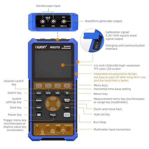 Handheld Lab Oscilloscope Multimeter, 2 Channels, 70MHz Bandwidth, 250MSa/s Sampling Rate, 20000 Counts, 3 in 1 Portable Digital Automotive Oscilloscope, Voltage, Current, Capacitor HDS272S - style: HDS272S