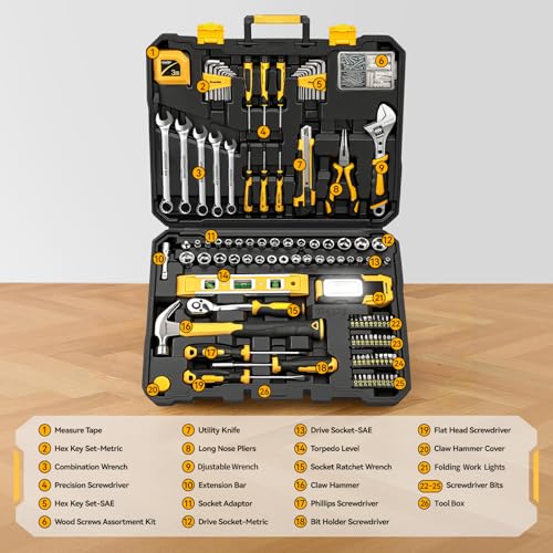 GRENPRO 219PCS Basic Home Auto Mechanic Hand Tool Kit with Storage Tool Box - style: Yellow Hand Tool Set 219PC