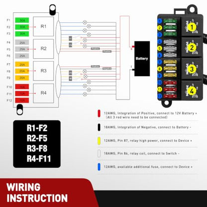 Nilight 12V Fuse Relay Box 4 Relays 4pin 40A 12 Fuses Pre-Wired Block Kit - color: Pre-Wired Box 4 Relay 12 Fuse
