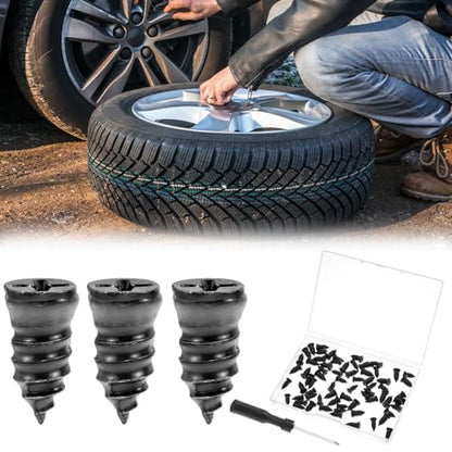 QWORK 70PCS Tire Repair Rubber Nails Kit with Screwdriver – Quick Vacuum Tubeless Tire Plug Set for Car, Motorcycle, SUV & ATV – Emergency Flat Tire Patch Screws (35S + 35L)
