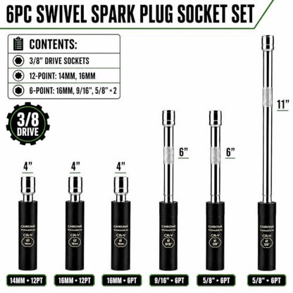 AEROFORCE 6PCS 3/8" Drive Magnetic Swivel Spark Plug Socket Set, Thin Wall - size: 6PCS