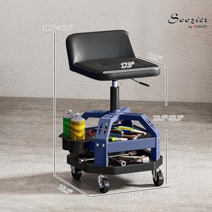 HOMCOM Rolling Mechanic Stool 300 LBS Capacity, Backrest 360° Wheels Blue - color: Blue