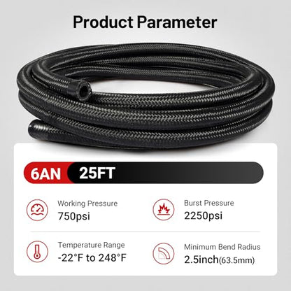 EVIL ENERGY 6AN Fuel Line Kit 25FT CPE Nylon Braided Hose with 12 Fittings - color: Black, size: 6AN 25FT