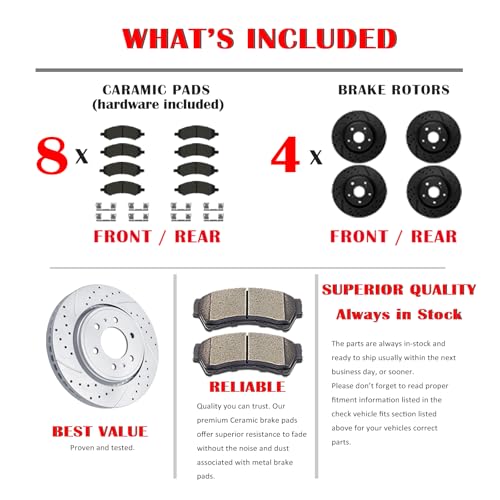 Acinoparts Front & Rear Drilled and Slotted Brake Rotors Ceramic Brake Pads - size: ABK00202