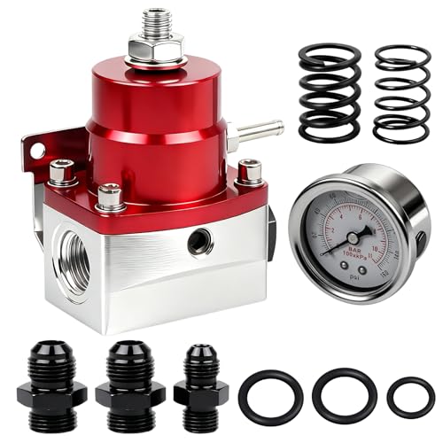 EFI Fuel Pressure Regulator Kit 3-70psi with Gauge Springs Universal Adjustable Aluminum 8AN Feed to 6AN Return (Red+Silver) - color: red+silver
