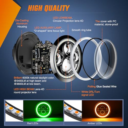 Nilight 2PCS 7 Inch LED Halo Headlights w/Turn Signal Amber Green DRL - color: JK Headlight Green Amber 2Pcs