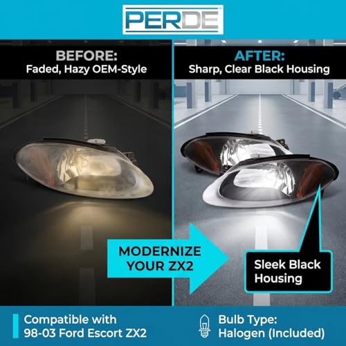 PERDE Headlights Compatible with 1998-2003 Ford Escort ZX2 Coupe Black Housing Headlamps Set Right Passenger And Left Driver Set