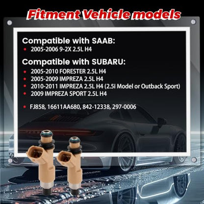 4-Pack Fuel Injectors Set | Compatible with Subaru Impreza 2005-2011 Forester 2005-2010 Saab 9-2X 2005-2006 2.5L H4| Replaces FJ858 842-12338 297-0006 - size: 4 X FJ858